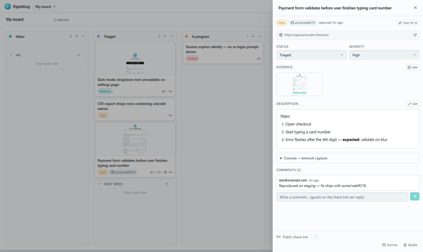 Ripplebug card drawer with evidence, console capture and comments